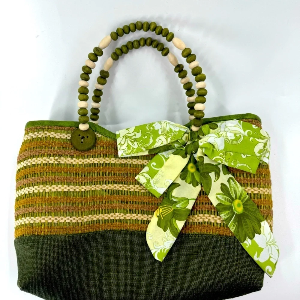 Unbranded Green/Tan Striped Tote with Beaded Handle‎ with Bow Detail